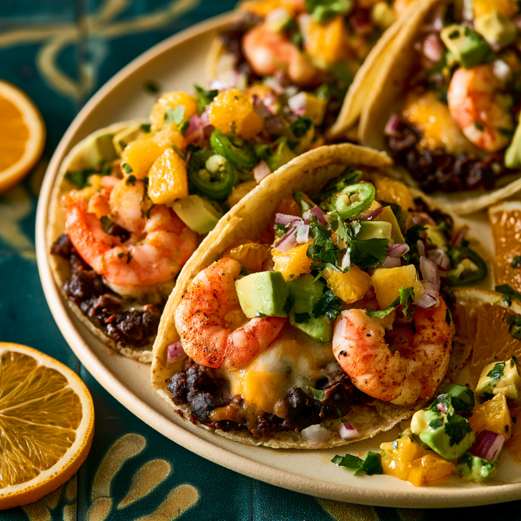 Spicey Citrus Shrimp and Black Bean Tacos with Orange-Avocado Salsa